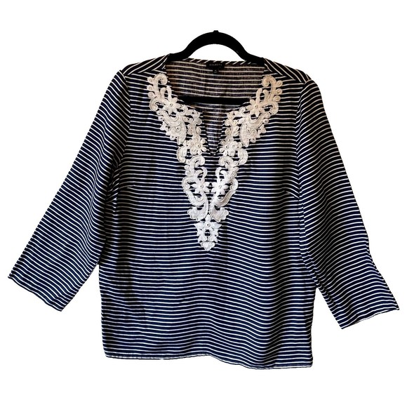 Talbots‎ Womens Blue White Stripe Embellished Beads Linen 3/4 Sleeve Top Size M - Picture 1 of 9